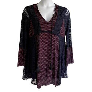 Entro Boho Tunic Dress with Lace Crochet, Tassels and Bell Sleeves Medium
